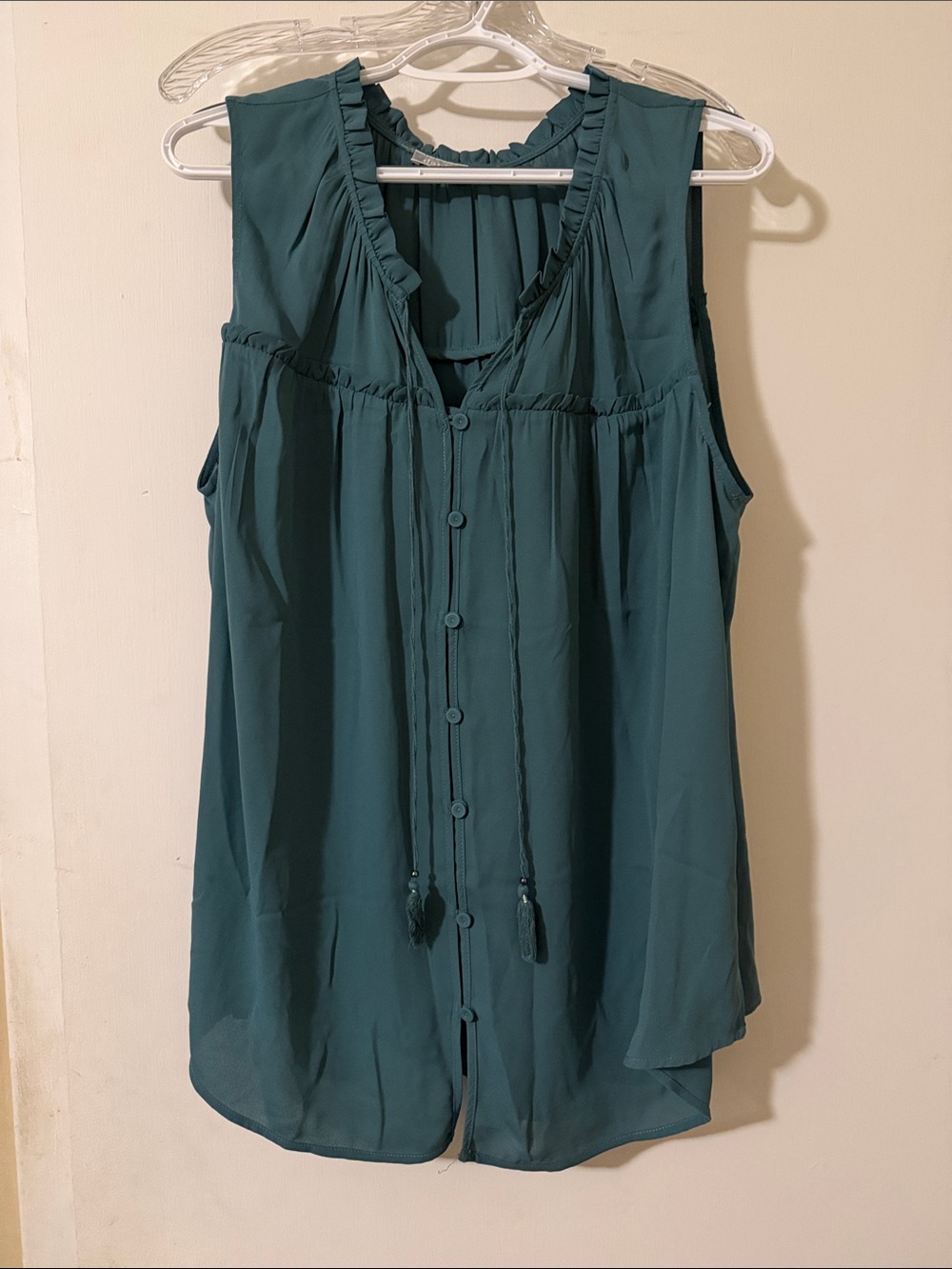 Daniel Rainn Teal Button-Front Sleeveless Blouse with Tassel Ties